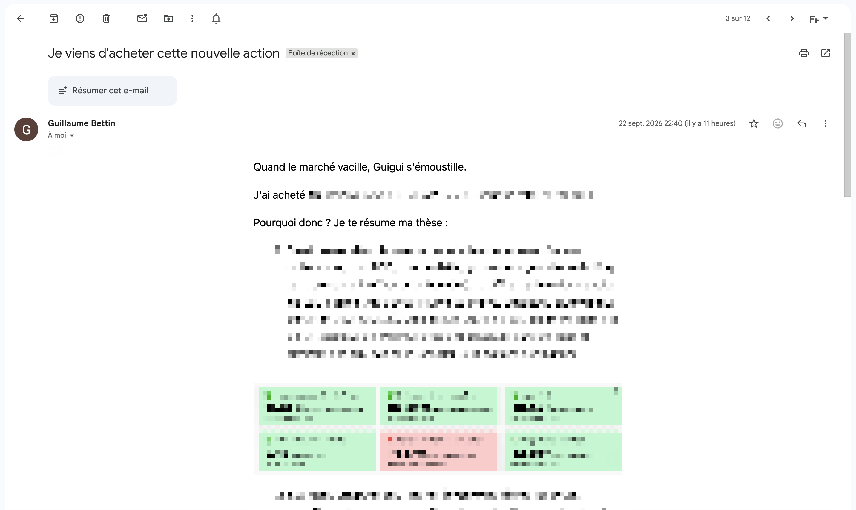 Extrait d’un email de Guillaume Bettin annonçant un nouvel achat et présentant sa thèse d’investissement