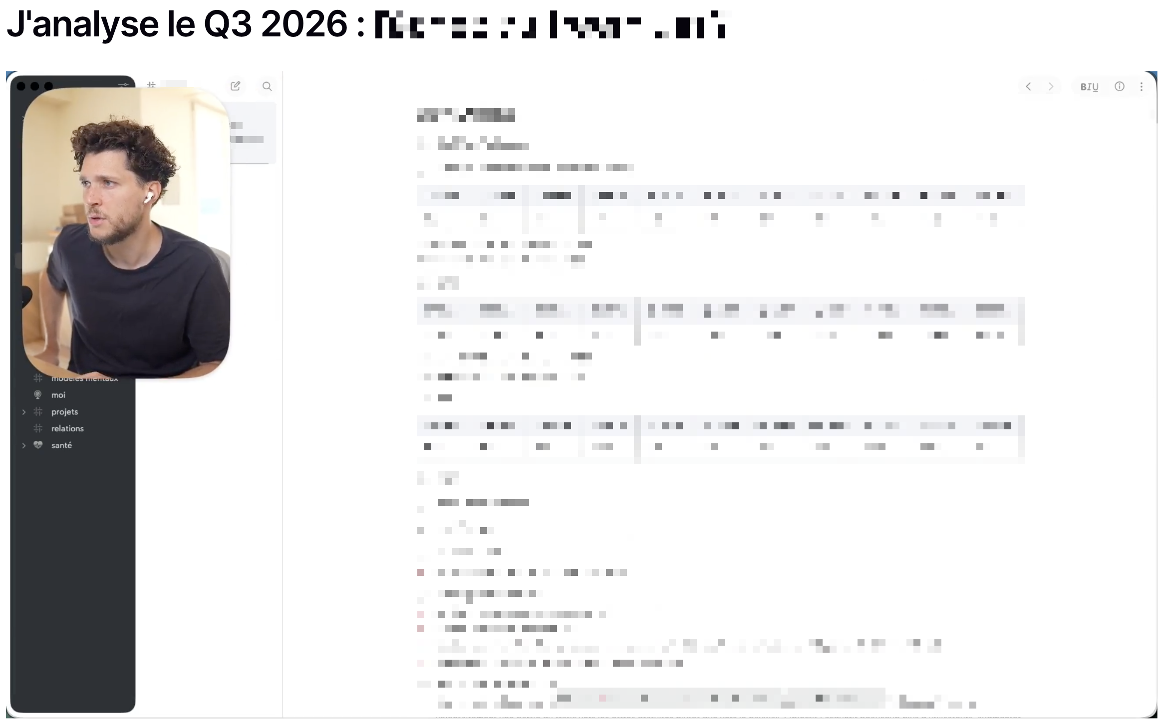 Aperçu d’une vidéo d’analyse des résultats Q3 2026 avec Guillaume Bettin et ses notes, dont le contenu est masqué